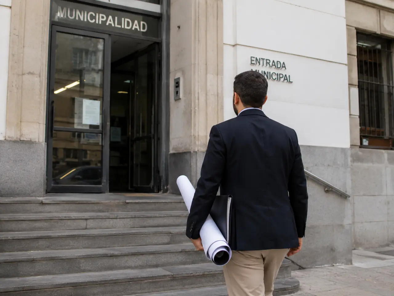 Professional approaching a municipal building with drawings and documents